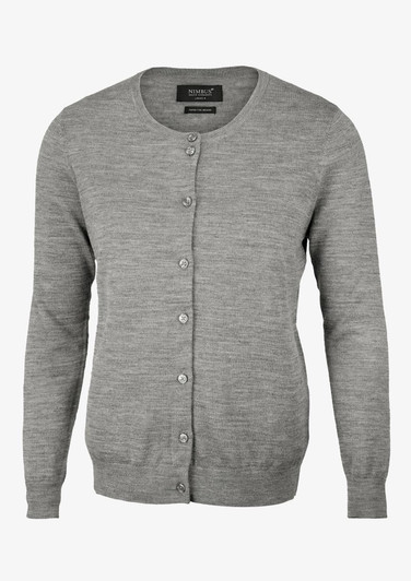 A grey cardigan featuring a round neckline and button closure, with a logo at the neck.