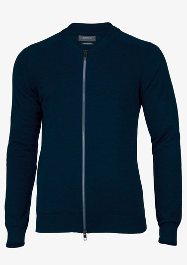 A navy blue cardigan featuring a front zip, long sleeves, and a sleek design. It has a branding logo.