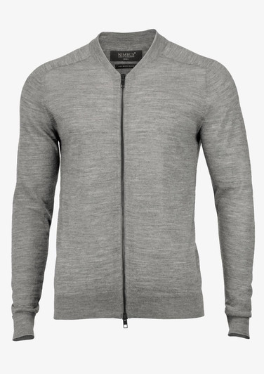A grey cardigan with a front zipper and long sleeves. It features a subtle logo on the inner label.