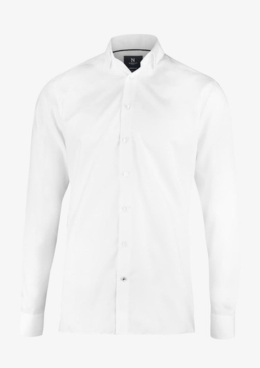 A white button-up shirt with a modern fit, featuring a collar and a logo on the tag.