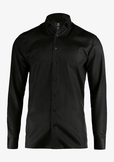 A black slim fit button-up shirt with long sleeves and a standard collar. It features a subtle logo on the label.