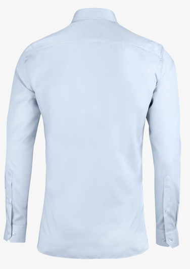 A light blue button-up shirt featuring a slim fit design and long sleeves, with a logo on the back.