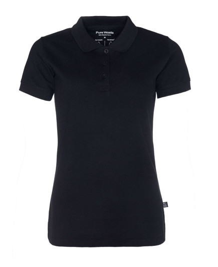 A black women's pique polo shirt featuring a classic collar, three-button placket, and a branding logo.