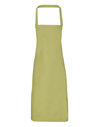 A light green organic cotton bib apron with a neck strap and no visible logos or branding.
