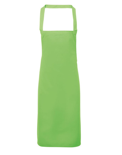 A green bib apron made from 100% organic cotton, featuring a logo and a simple design.