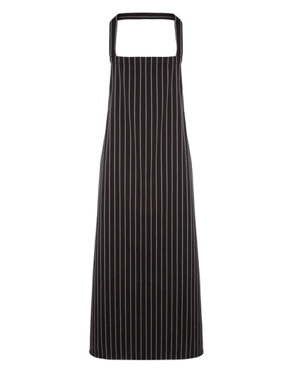 A striped bib apron in black with white stripes, featuring a square neckline and a logo.