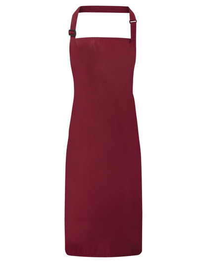 A waterproof bib apron in a deep burgundy colour, featuring an adjustable neck strap and a simple design.