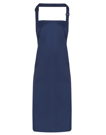 A navy waterproof bib apron featuring adjustable straps and a simple design, with a logo on the front.