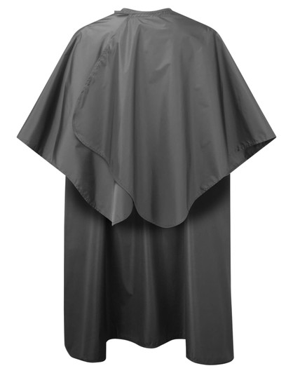A waterproof salon gown in a sleek grey finish, featuring a loose, flowing design. It has a logo on the back.