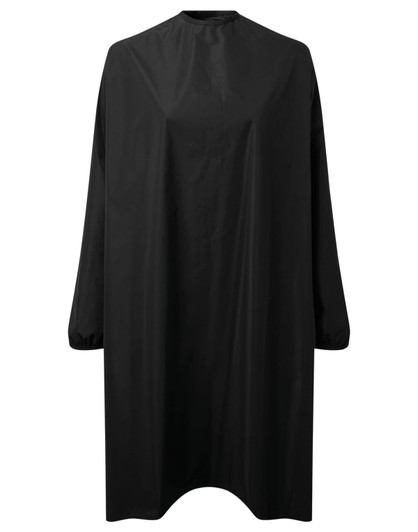 A black waterproof salon gown with long sleeves and a high neckline, featuring a logo.