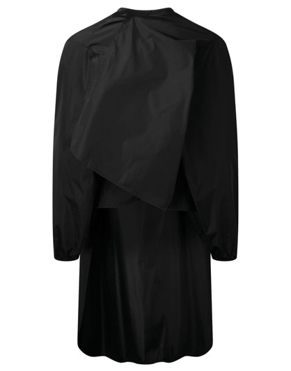 A black waterproof salon gown with long sleeves and a flowing design, featuring a back drape. Includes branding.