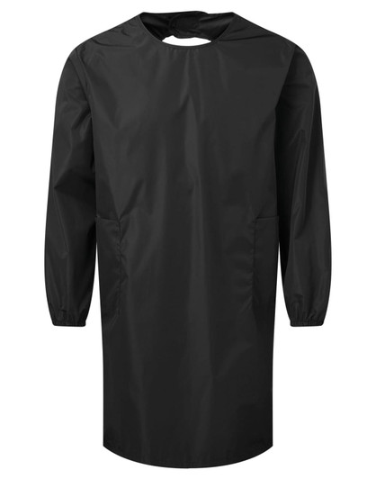 A black all-purpose waterproof gown with long sleeves and side pockets, featuring a crew neckline and a logo.