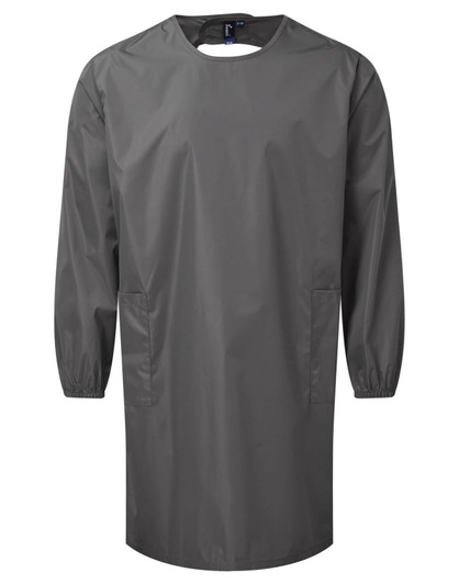 A grey all-purpose waterproof gown with long sleeves and two side pockets, featuring a logo.