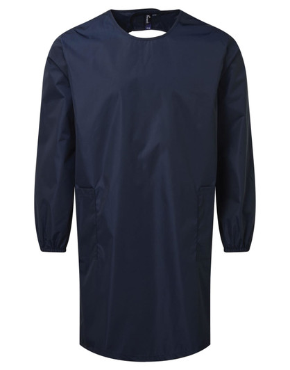 A navy blue all-purpose waterproof gown with long sleeves and side pockets. Features a logo on the front.