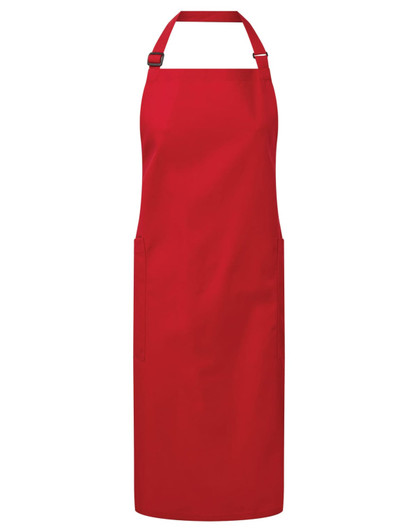 A red apron made from recycled polyester and organic cotton, featuring a tie neck and side pockets.