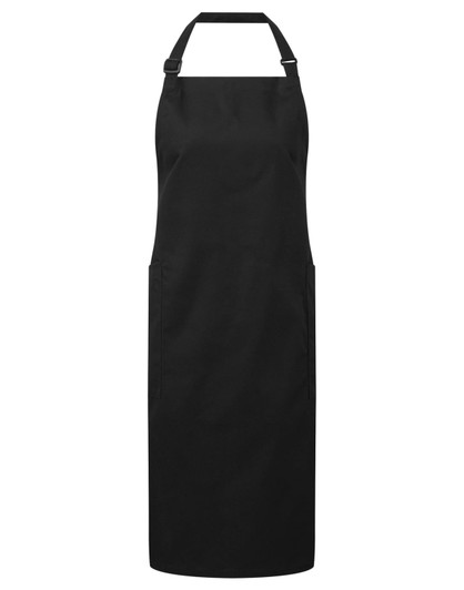 A black apron made from recycled polyester and organic cotton, featuring a neck strap and side pockets.