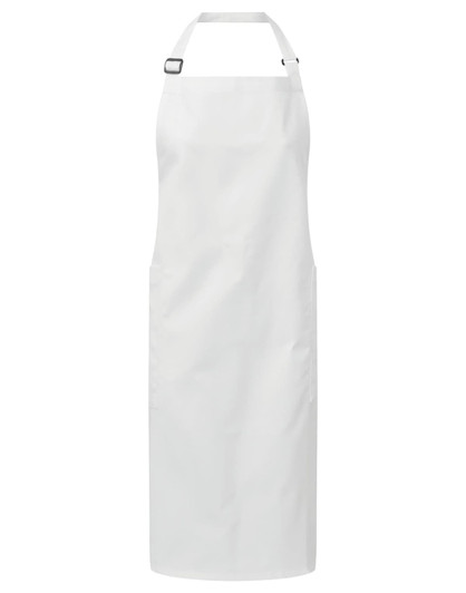 A white apron made of recycled polyester and organic cotton, featuring adjustable straps and a logo.