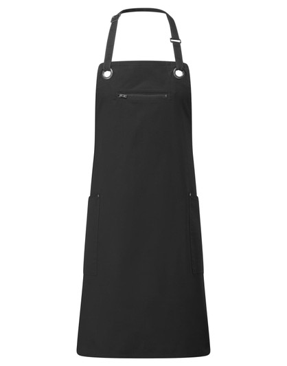 A black bib apron featuring contrast stitching and a zippered pocket, with adjustable straps and side pockets.