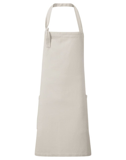 A beige bib apron featuring a neck strap and two front pockets. It also has a logo on the fabric.