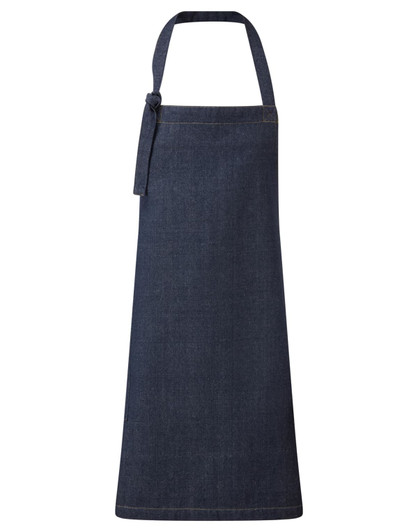 A dark denim bib apron with a tie at the neck and a simple, classic design. It features a logo.
