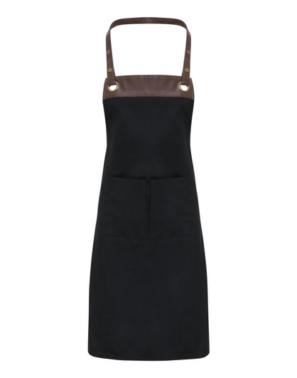 A black bib apron with a brown leather accent at the top and a front pocket, featuring a logo.