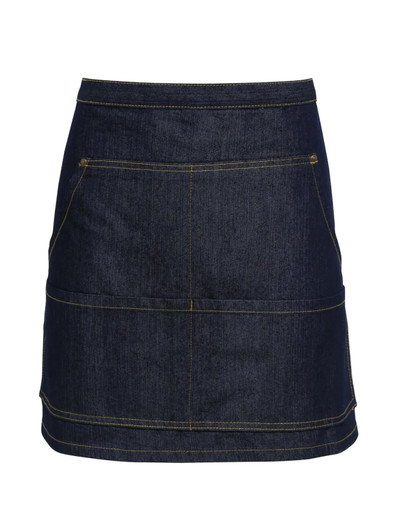 A denim waist apron featuring a dark blue colour and visible stitching details, with two front pockets and a logo.