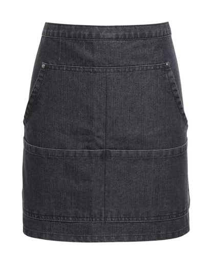 A dark denim waist apron featuring two front pockets and a simple design, with a logo present.