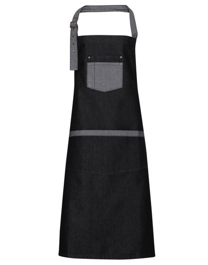 A black denim bib apron with a grey pocket and contrasting stripes, featuring a neck strap.