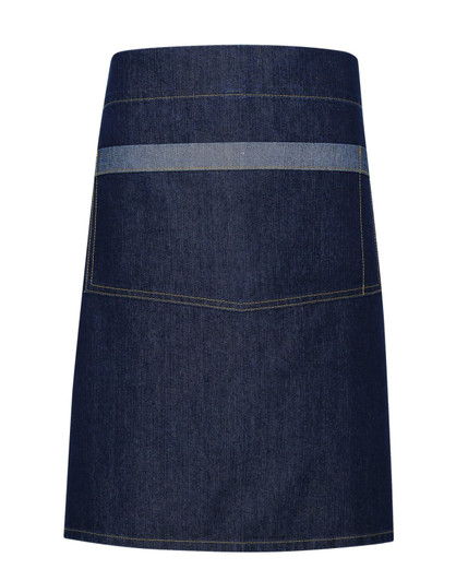 A dark denim waist apron featuring a two-tone design and a pocket, with stitching details.