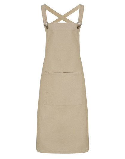 A beige cross back bib apron featuring adjustable straps and a front pocket, with a logo on the fabric.