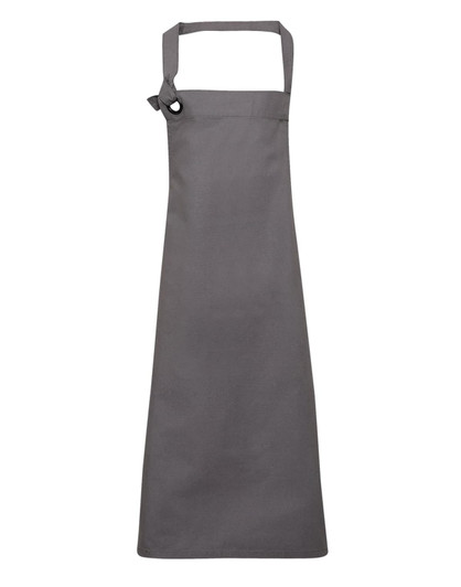 A grey heavy cotton canvas bib apron with a neck strap and an adjustable toggle. It features a logo.
