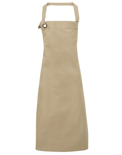 A beige heavy cotton canvas bib apron with a practical design and a logo.