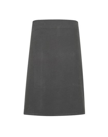 A dark grey heavy cotton canvas waist apron with a simple design and a logo.