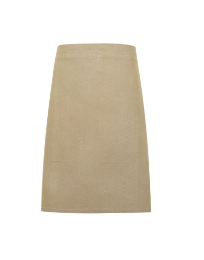 A heavy cotton canvas waist apron in a beige colour, featuring a simple design and a logo.