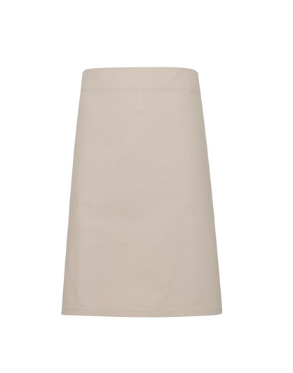 A light beige apron made of heavy cotton canvas with a simple design and a logo on the front.