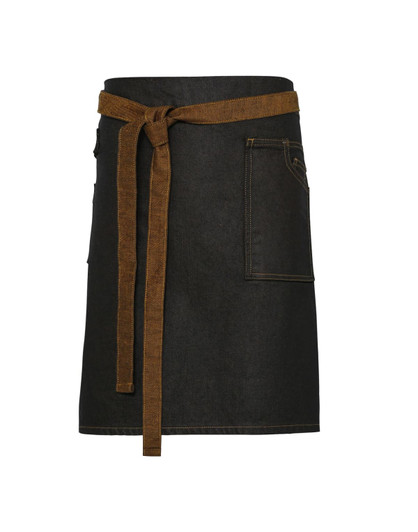 A black denim waist apron with a brown tie belt and pocket, featuring a logo on the side.