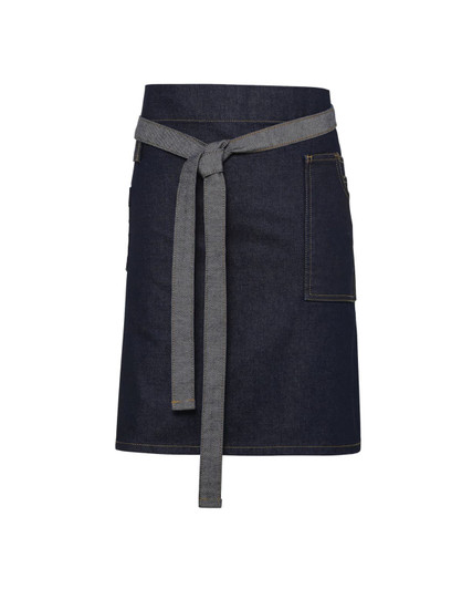 A denim waist apron in dark blue with a grey tie and pocket, featuring a logo. Suitable for workwear.