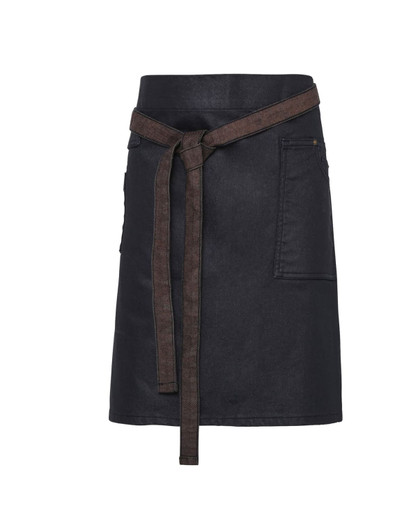 A denim waist apron in dark blue with a brown tie belt and a front pocket. Features a logo.