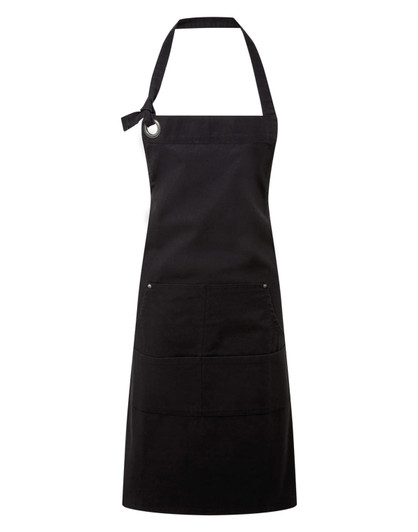 A black heavy cotton canvas apron featuring multiple pockets and a tie-neck design. It includes a logo.