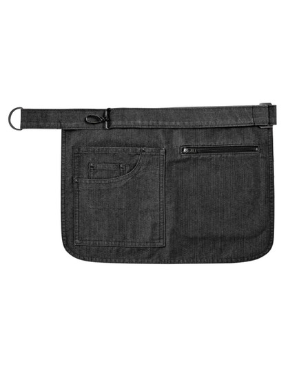 A dark grey utility apron featuring multiple pockets and an adjustable belt, complete with a logo.