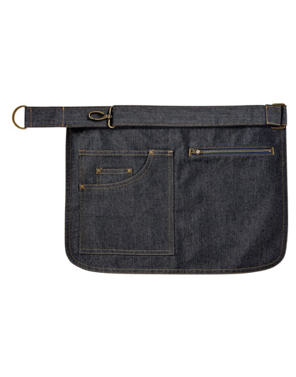A denim hip apron featuring multiple pockets, including a zippered pocket and a loop for attachments.