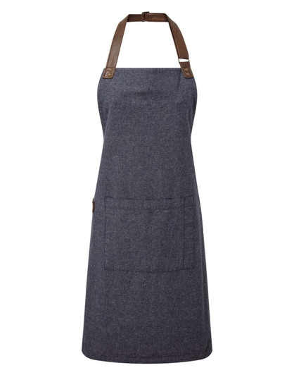 A dark blue apron with brown straps and a front pocket, featuring a logo. Suitable for workwear use.