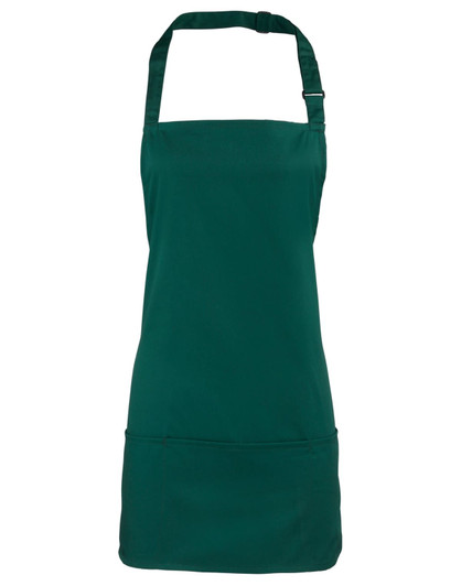 A green 2-in-1 apron featuring an adjustable neck strap and a front pocket. It has a logo on the front.