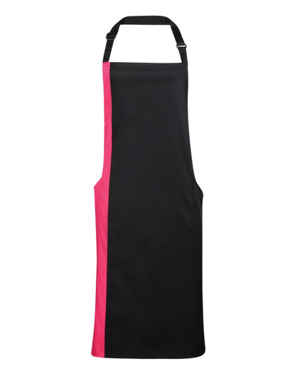 A black apron with a pink side, featuring an adjustable neck strap and a logo. Perfect for workwear use.