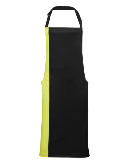 A black bib apron with a bright yellow contrast side and an adjustable neck strap. It features a pocket and a logo.