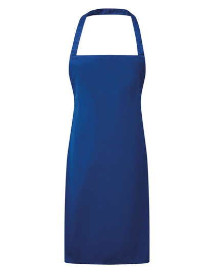 A blue essential bib apron with a halter neck design and a logo. Suitable for workwear purposes.