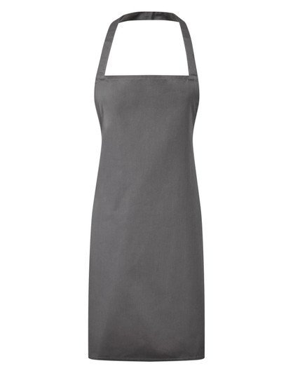 A grey essential bib apron with a simple design and a neck strap. The item includes a logo.