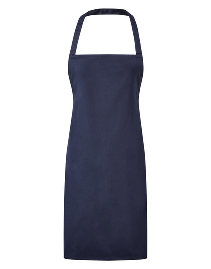 A navy blue bib apron with a neck strap and minimal design, featuring a logo.
