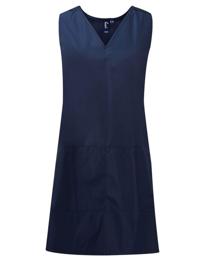 A waterproof wrap-around tunic in dark navy, featuring a V-neck and a simple, sleek design.