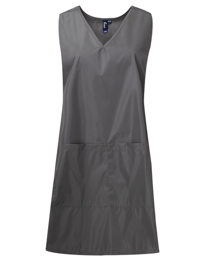 A grey waterproof wrap-around tunic with a V-neck design and front pockets. It features a branding logo.